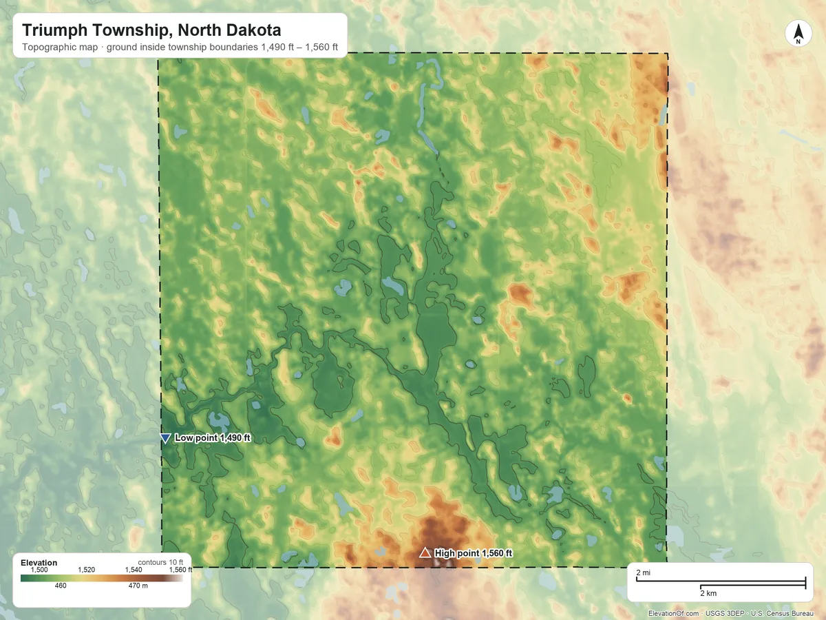Topographic elevation map of Triumph Township, North Dakota, shaded from 1,490 ft on the west side to 1,560 ft on the southeast side