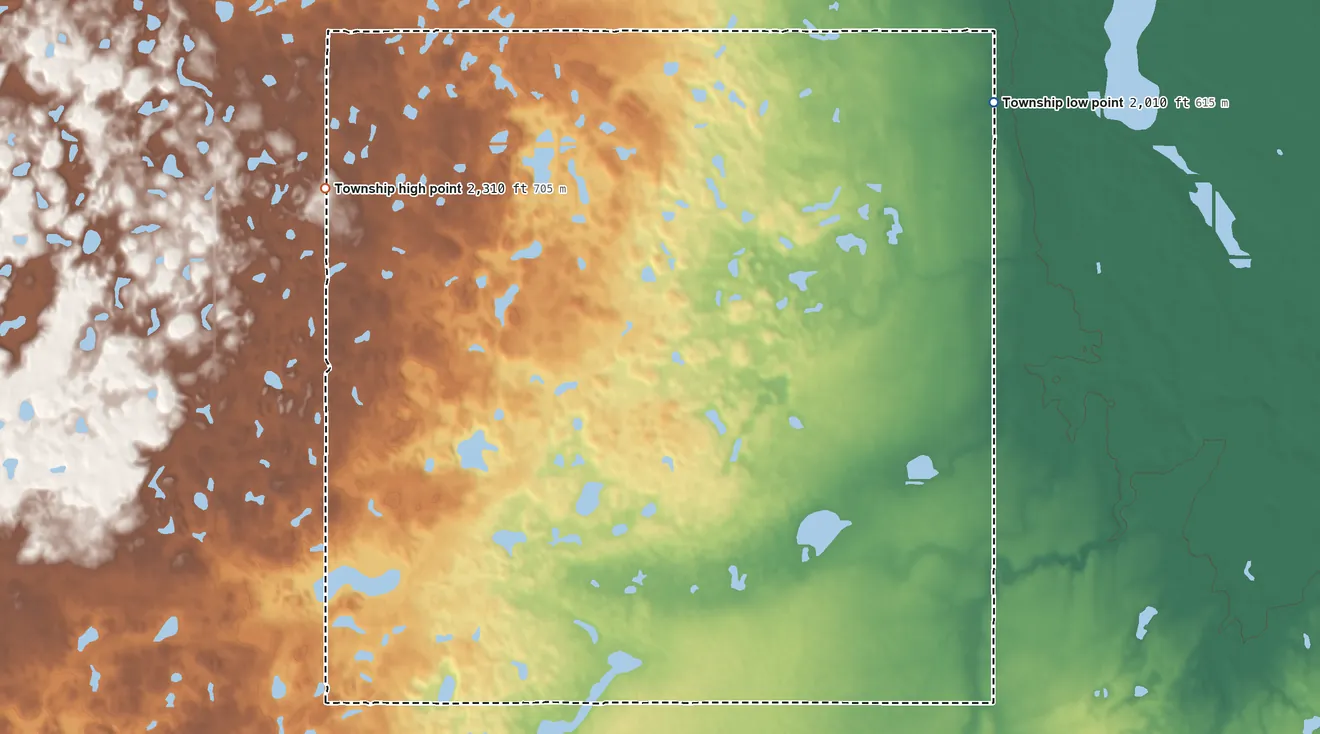 Topographic elevation map of Troy Township, North Dakota, shaded from 2,010 ft on the northeast side to 2,310 ft on the northwest side