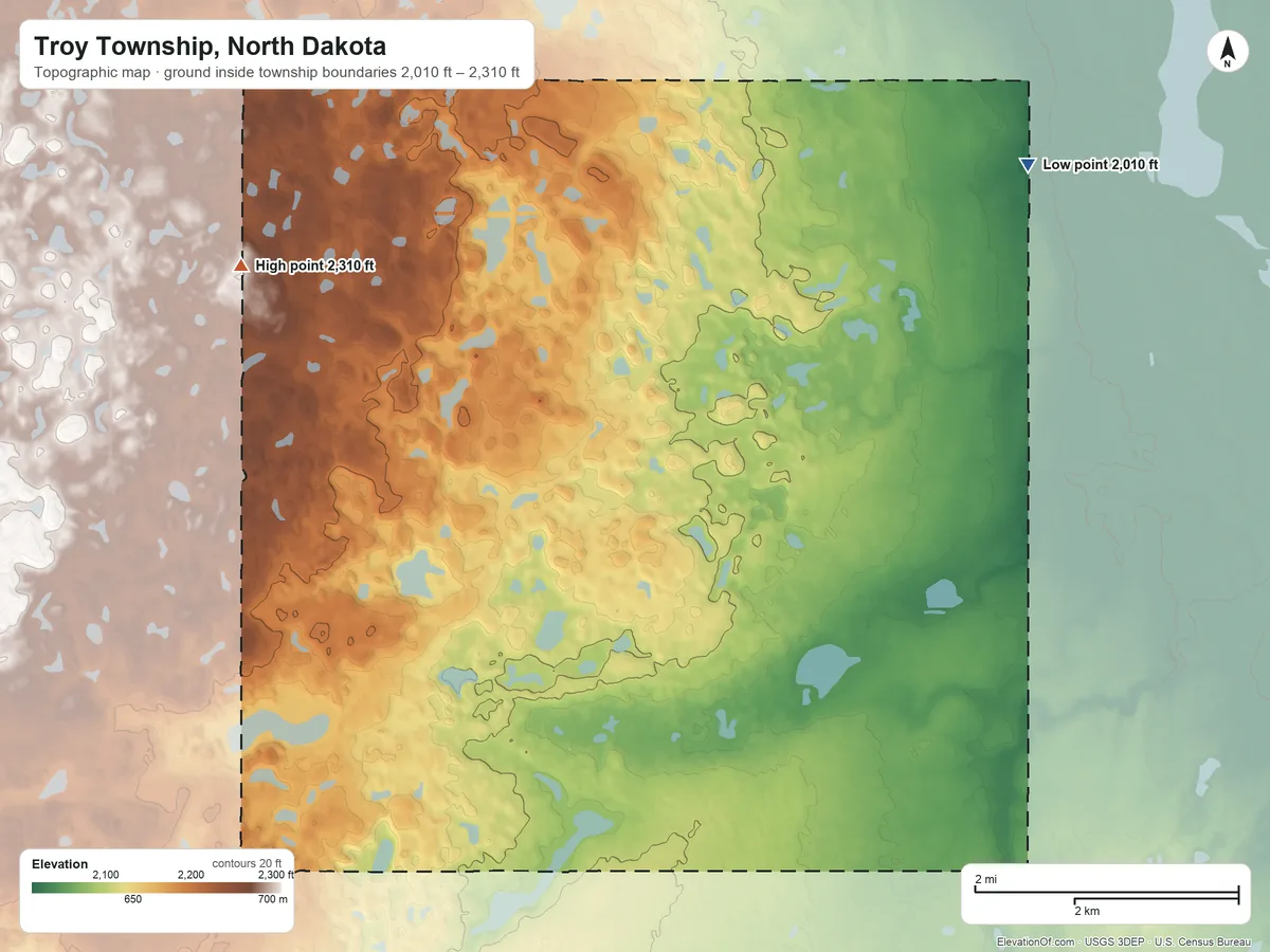 Topographic elevation map of Troy Township, North Dakota, shaded from 2,010 ft on the northeast side to 2,310 ft on the northwest side