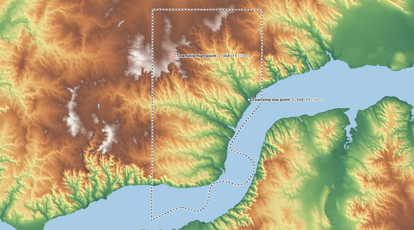 Topographic elevation map of Truax Township, North Dakota, shaded from 1,840 ft on the northeast side to 2,460 ft on the northwest side