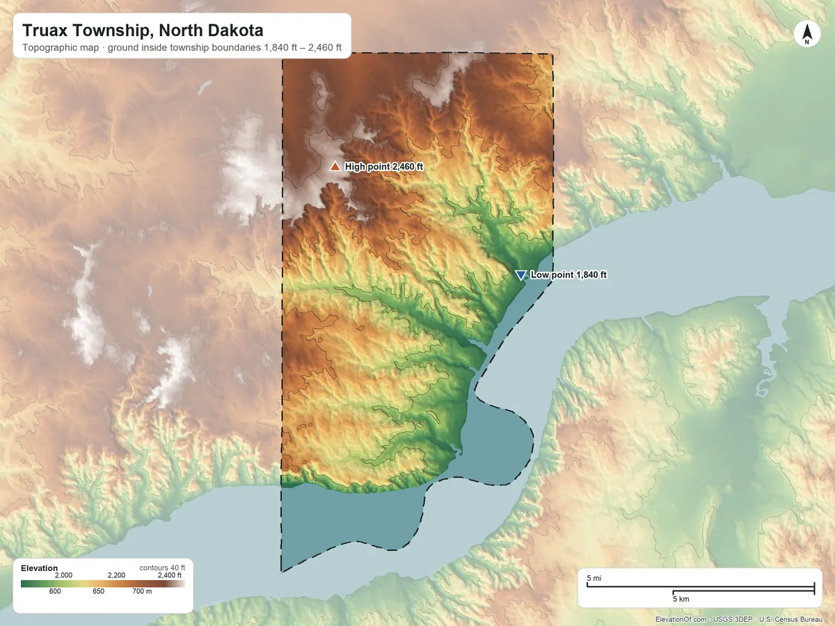 Topographic elevation map of Truax Township, North Dakota, shaded from 1,840 ft on the northeast side to 2,460 ft on the northwest side