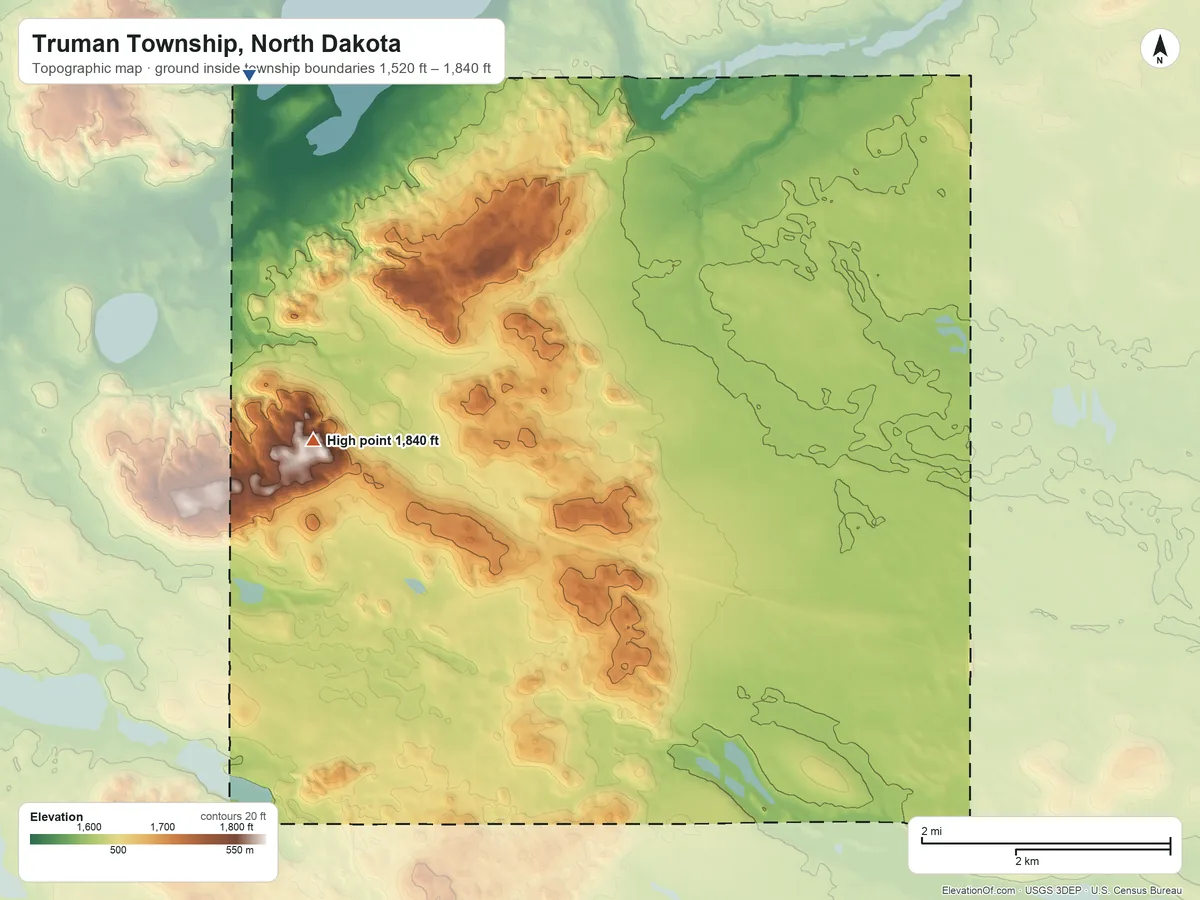 Topographic elevation map of Truman Township, North Dakota, shaded from 1,520 ft on the northwest side to 1,840 ft on the west side