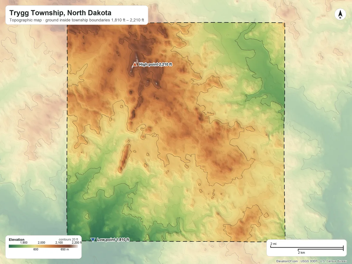 Topographic elevation map of Trygg Township, North Dakota, shaded from 1,810 ft on the southwest side to 2,210 ft on the northwest side