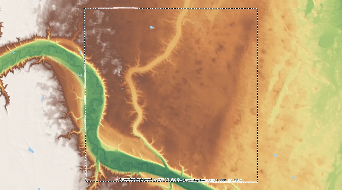 Topographic elevation map of Tuller Township, North Dakota, shaded from 1,080 ft on the southeast side to 1,290 ft on the southwest side