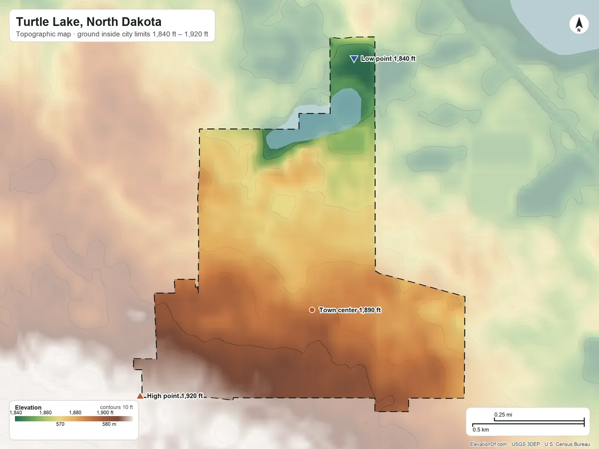 Topographic elevation map of Turtle Lake, North Dakota, shaded from 1,840 ft on the north side to 1,920 ft on the southwest side