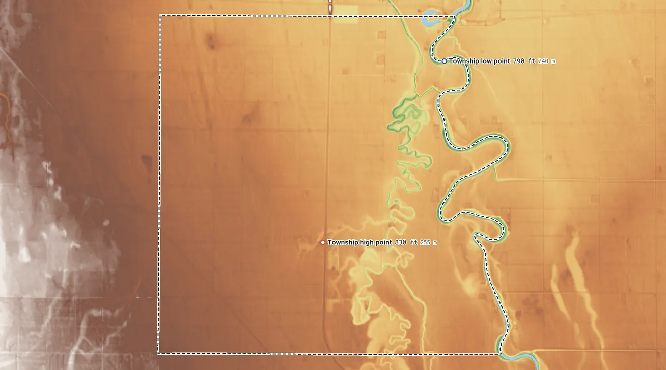 Topographic elevation map of Turtle River Township, North Dakota, shaded from 790 ft on the north side to 830 ft on the west side