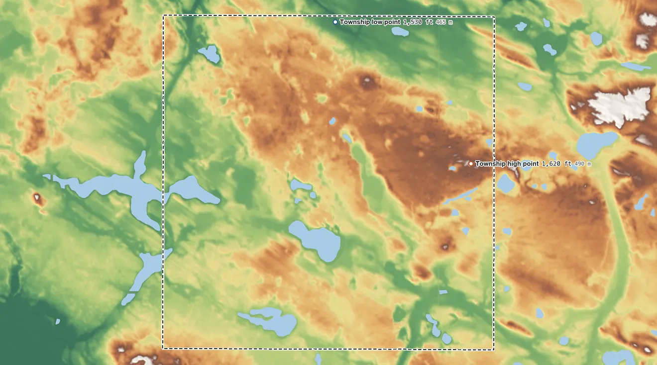 Topographic elevation map of Tuscarora Township, North Dakota, shaded from 1,530 ft on the north side to 1,620 ft on the east side