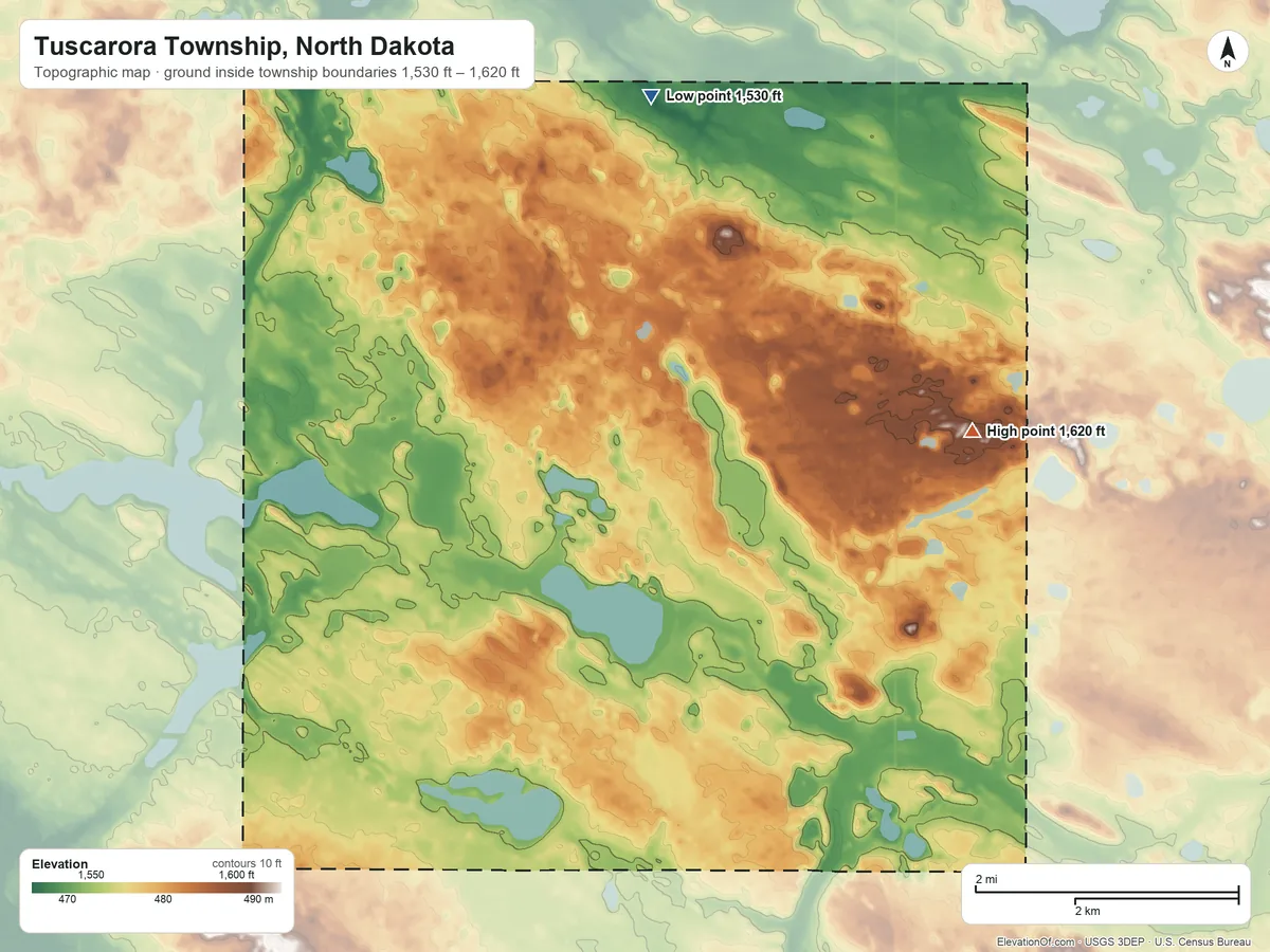 Topographic elevation map of Tuscarora Township, North Dakota, shaded from 1,530 ft on the north side to 1,620 ft on the east side