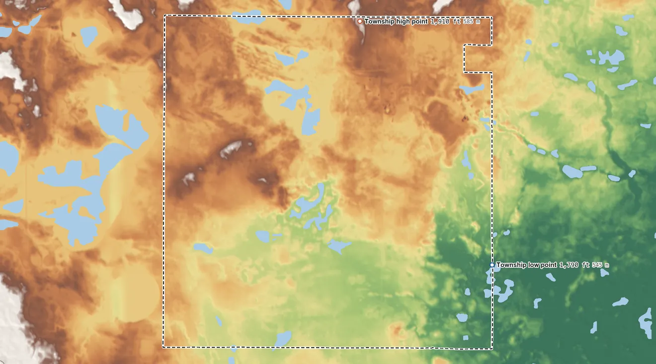 Topographic elevation map of Tuttle Township, North Dakota, shaded from 1,790 ft on the east side to 1,910 ft on the north side