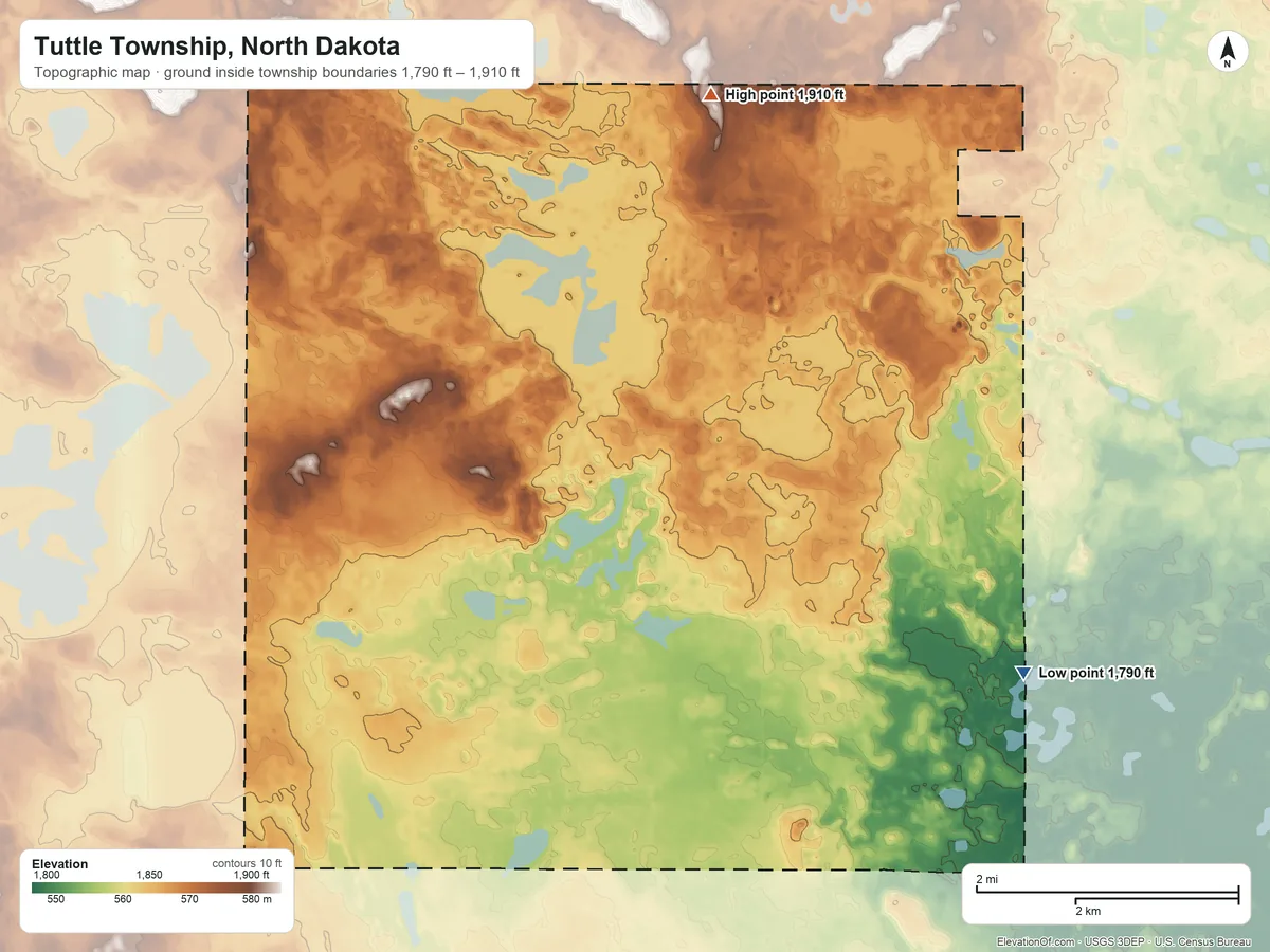 Topographic elevation map of Tuttle Township, North Dakota, shaded from 1,790 ft on the east side to 1,910 ft on the north side