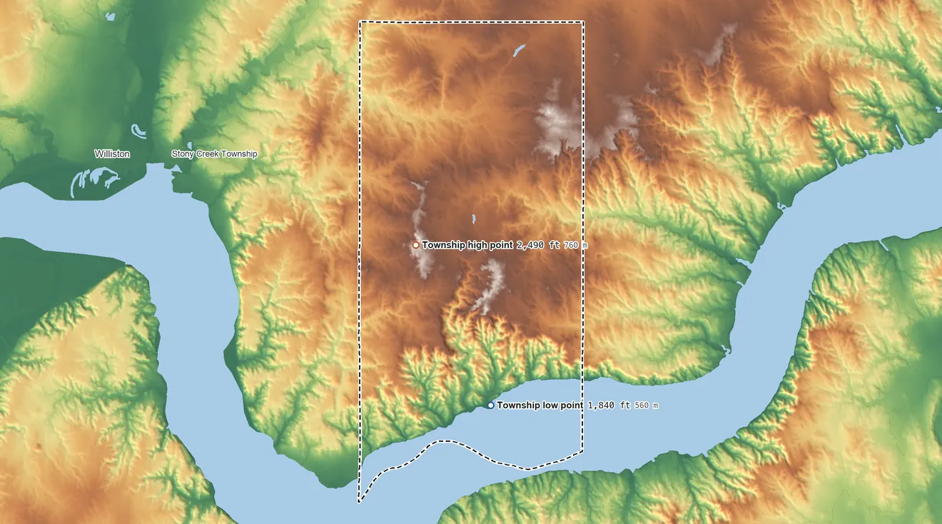 Topographic elevation map of Twelve Mile Township, North Dakota, shaded from 1,840 ft on the south side to 2,490 ft near the middle