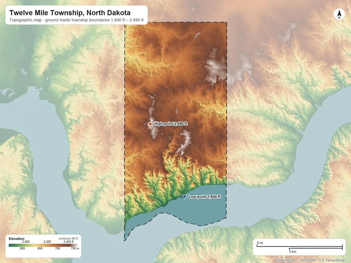 Topographic elevation map of Twelve Mile Township, North Dakota, shaded from 1,840 ft on the south side to 2,490 ft near the middle