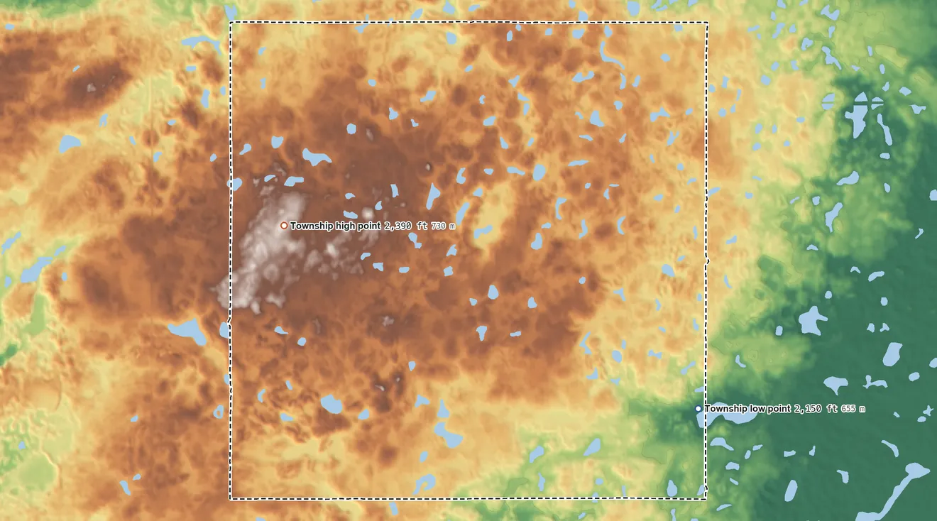 Topographic elevation map of Twin Butte Township, North Dakota, shaded from 2,150 ft on the east side to 2,390 ft on the northwest side