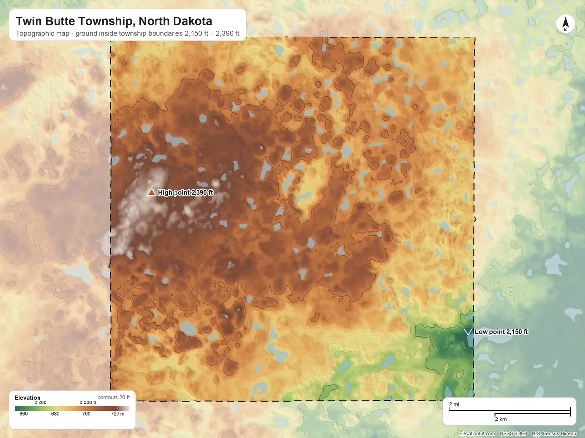 Topographic elevation map of Twin Butte Township, North Dakota, shaded from 2,150 ft on the east side to 2,390 ft on the northwest side