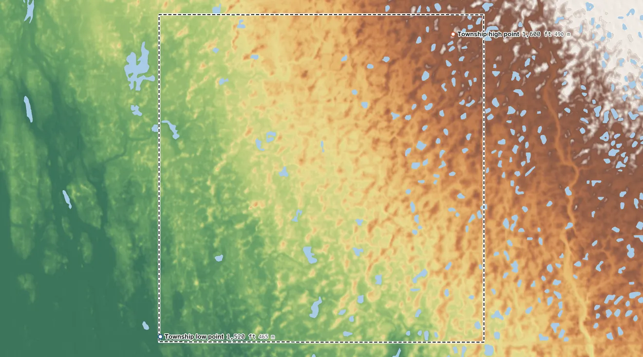 Topographic elevation map of Twin Hill Township, North Dakota, shaded from 1,520 ft on the southwest side to 1,600 ft on the northeast side