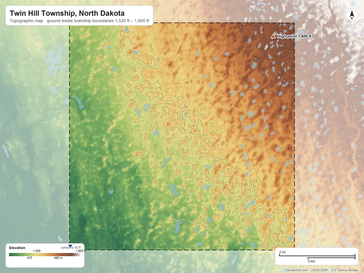 Topographic elevation map of Twin Hill Township, North Dakota, shaded from 1,520 ft on the southwest side to 1,600 ft on the northeast side
