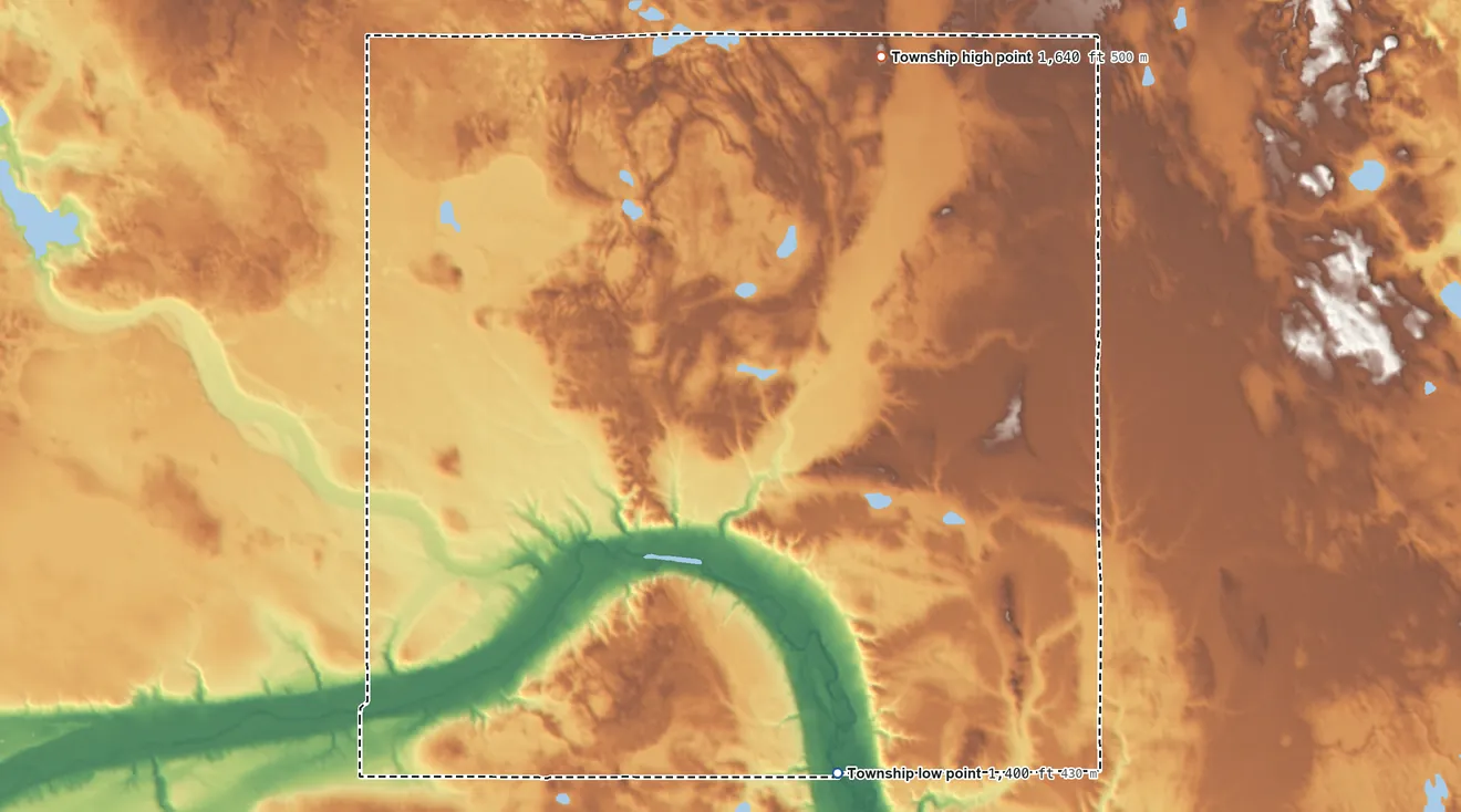 Topographic elevation map of Twin Tree Township, North Dakota, shaded from 1,400 ft on the south side to 1,640 ft near the middle