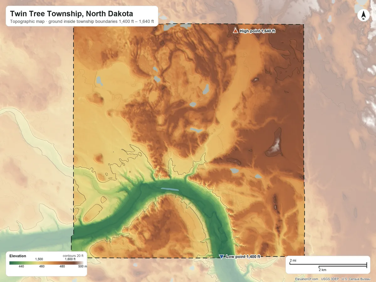 Topographic elevation map of Twin Tree Township, North Dakota, shaded from 1,400 ft on the south side to 1,640 ft near the middle