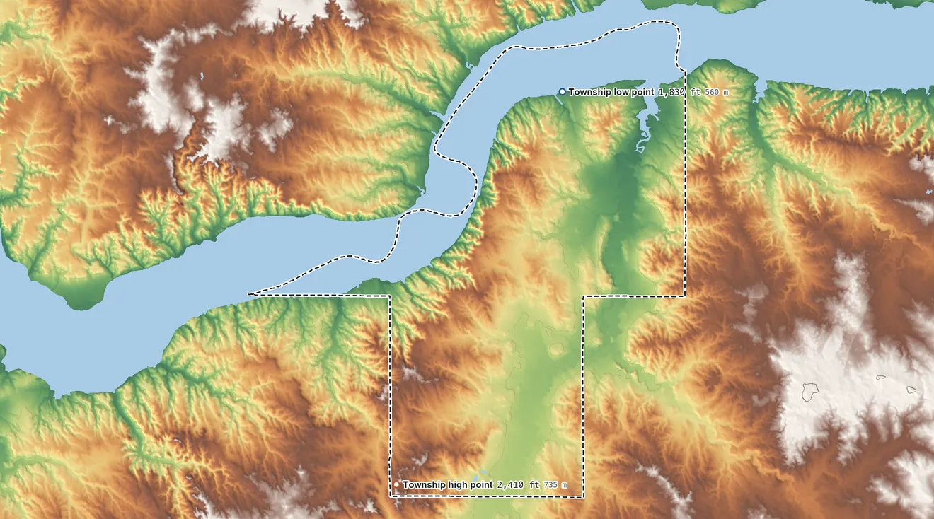 Topographic elevation map of Twin Valley Township, North Dakota, shaded from 1,830 ft on the north side to 2,410 ft on the southwest side