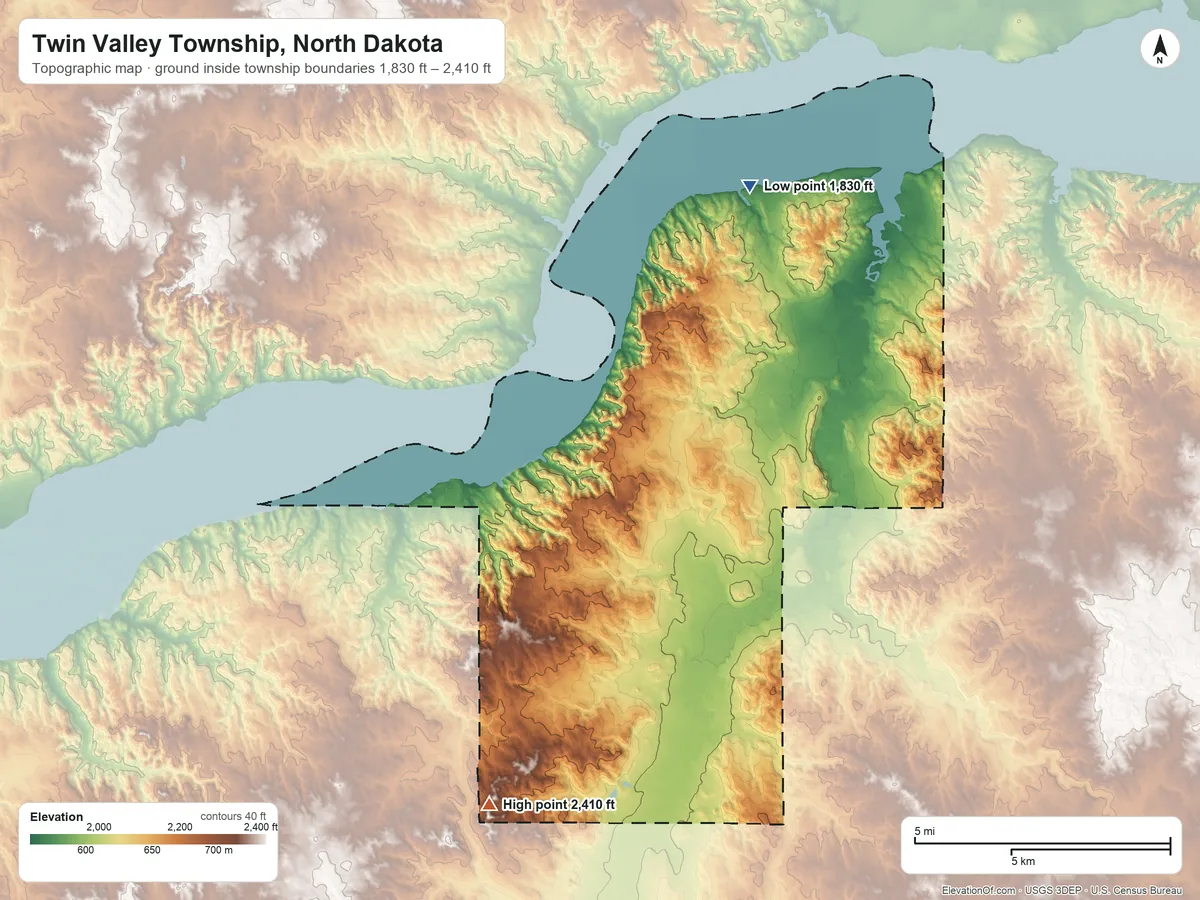Topographic elevation map of Twin Valley Township, North Dakota, shaded from 1,830 ft on the north side to 2,410 ft on the southwest side