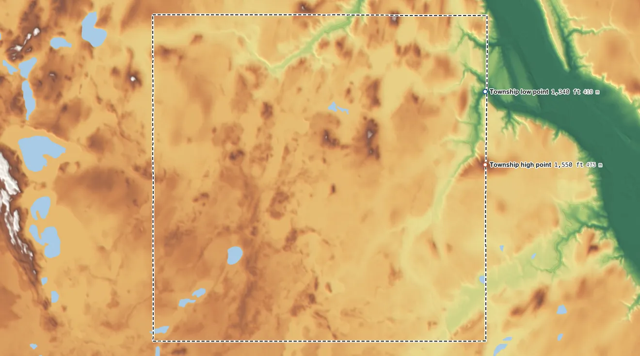 Topographic elevation map of Tyrol Township, North Dakota, shaded from 1,340 ft on the northeast side to 1,550 ft on the east side