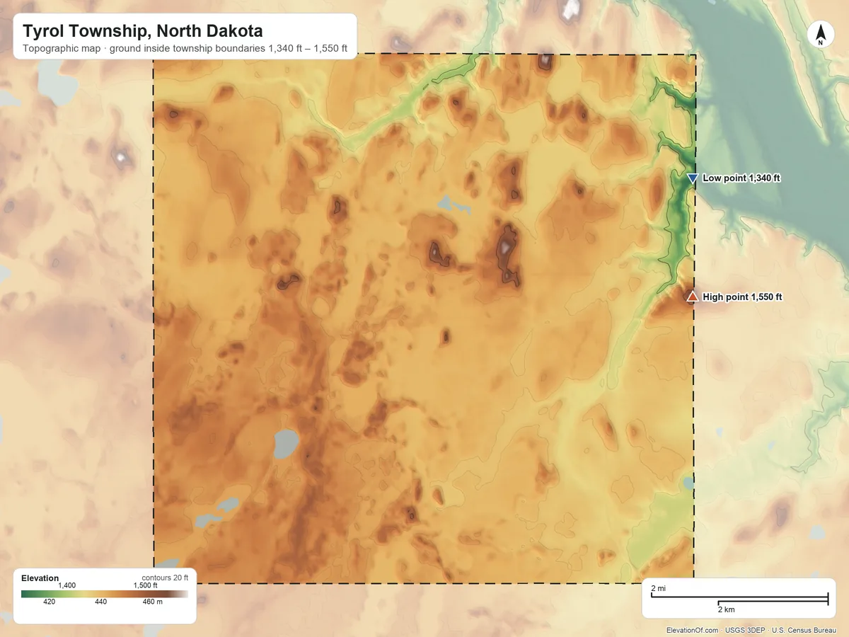 Topographic elevation map of Tyrol Township, North Dakota, shaded from 1,340 ft on the northeast side to 1,550 ft on the east side