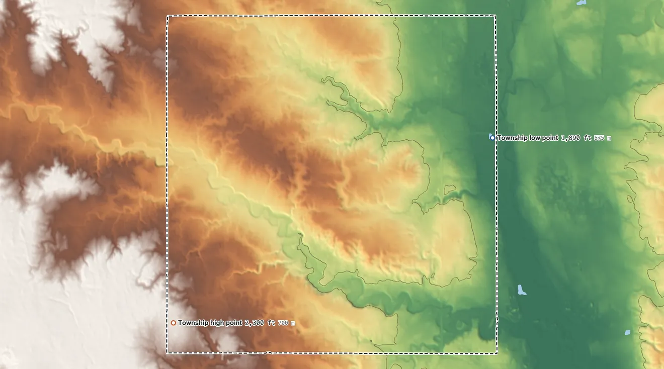 Topographic elevation map of Tyrone Township, North Dakota, shaded from 1,890 ft on the northeast side to 2,300 ft on the southwest side