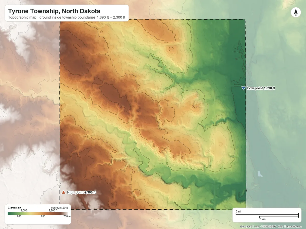 Topographic elevation map of Tyrone Township, North Dakota, shaded from 1,890 ft on the northeast side to 2,300 ft on the southwest side
