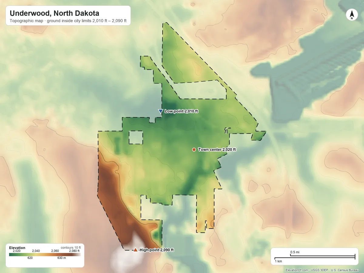 Topographic elevation map of Underwood, North Dakota, shaded from 2,010 ft on the northwest side to 2,090 ft on the southwest side