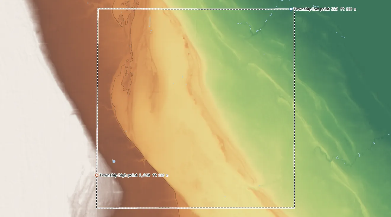 Topographic elevation map of Union Township, North Dakota, shaded from 920 ft on the northeast side to 1,040 ft on the southwest side