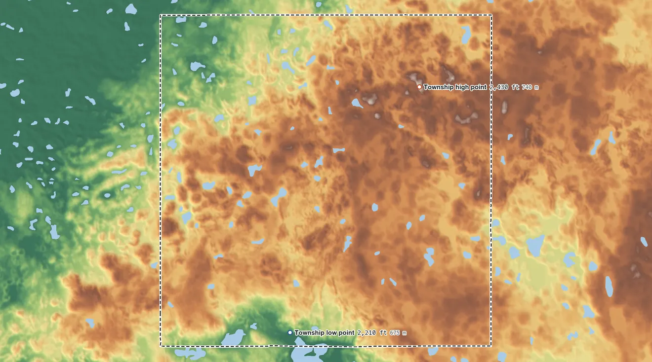 Topographic elevation map of Upland Township, North Dakota, shaded from 2,210 ft near the middle to 2,430 ft on the northeast side
