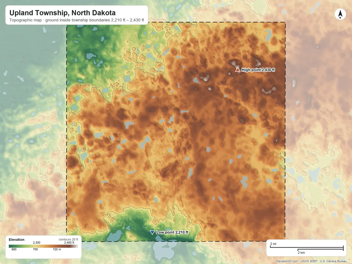 Topographic elevation map of Upland Township, North Dakota, shaded from 2,210 ft near the middle to 2,430 ft on the northeast side