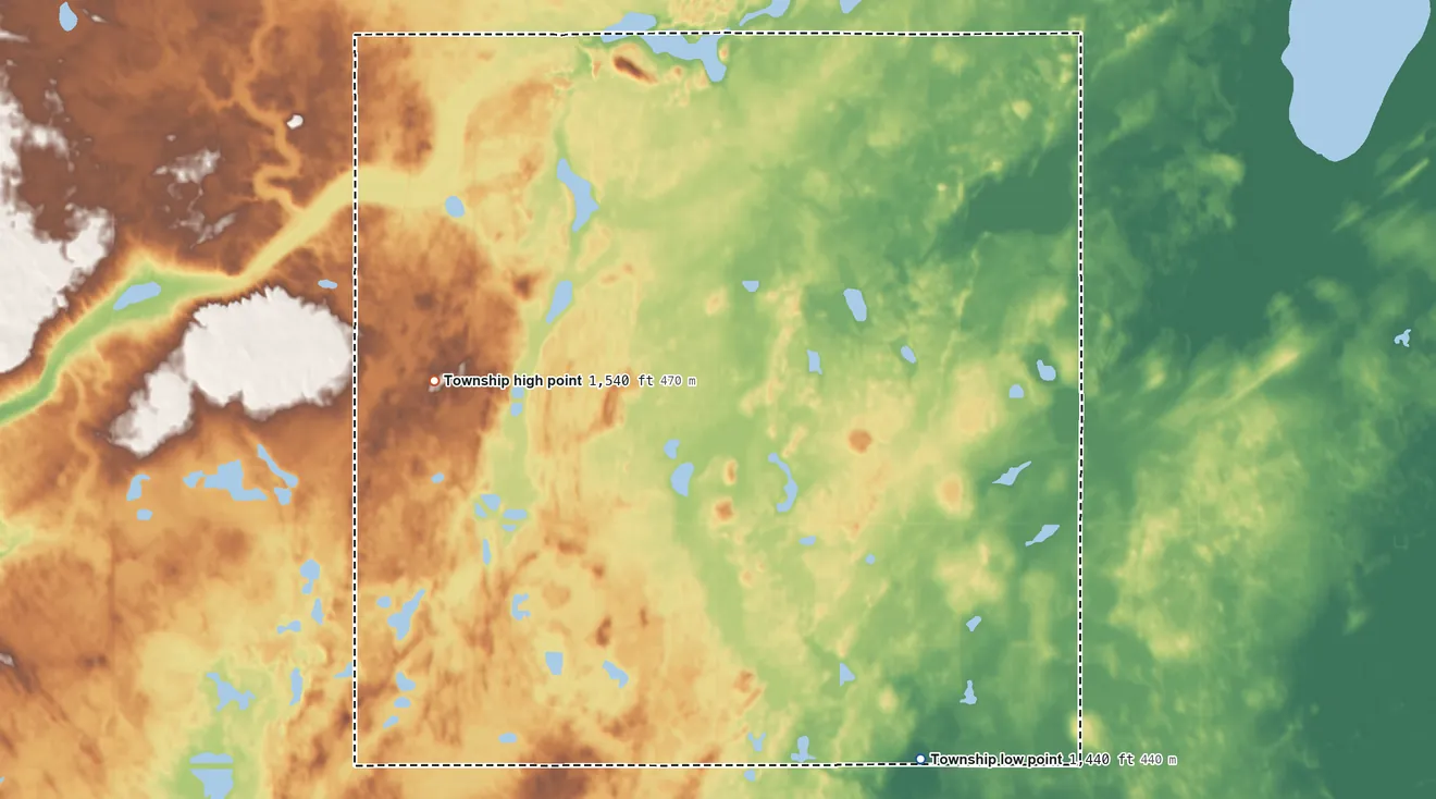 Topographic elevation map of Uxbridge Township, North Dakota, shaded from 1,440 ft on the southeast side to 1,540 ft on the west side