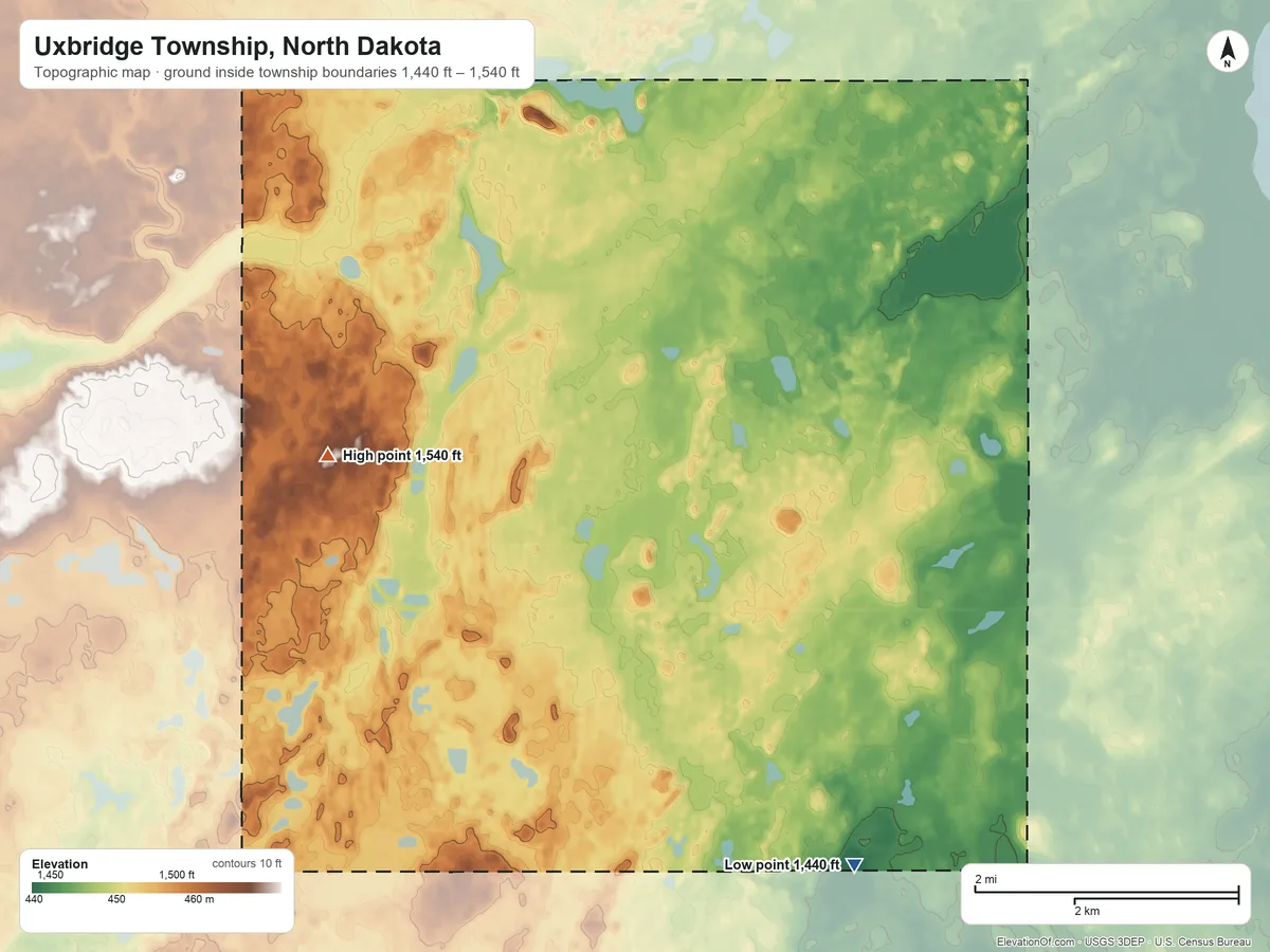 Topographic elevation map of Uxbridge Township, North Dakota, shaded from 1,440 ft on the southeast side to 1,540 ft on the west side