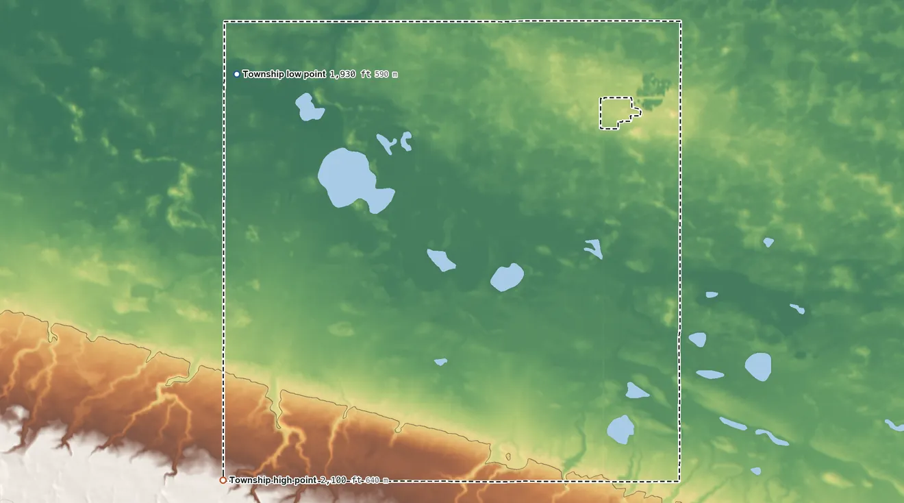 Topographic elevation map of Vale Township, North Dakota, shaded from 1,930 ft on the west side to 2,100 ft on the southwest side