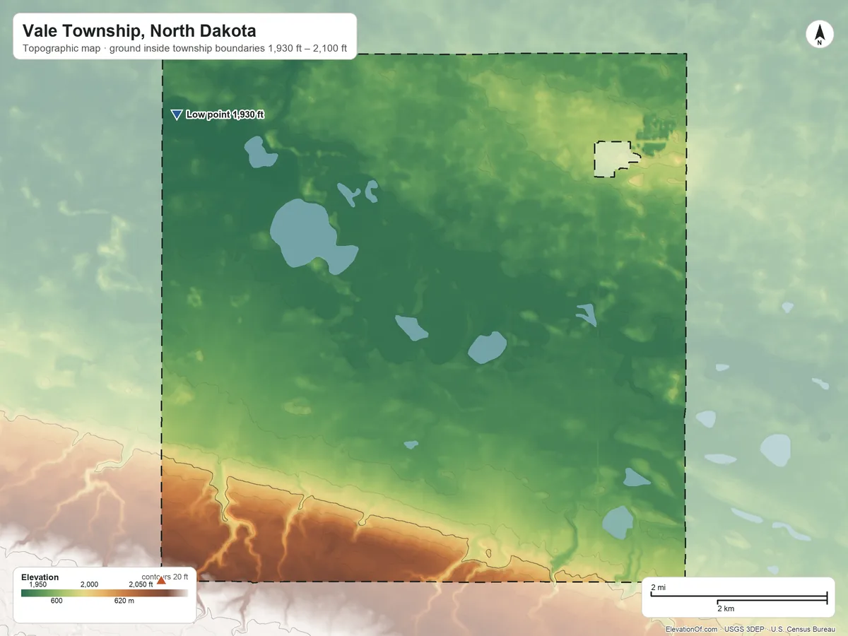 Topographic elevation map of Vale Township, North Dakota, shaded from 1,930 ft on the west side to 2,100 ft on the southwest side