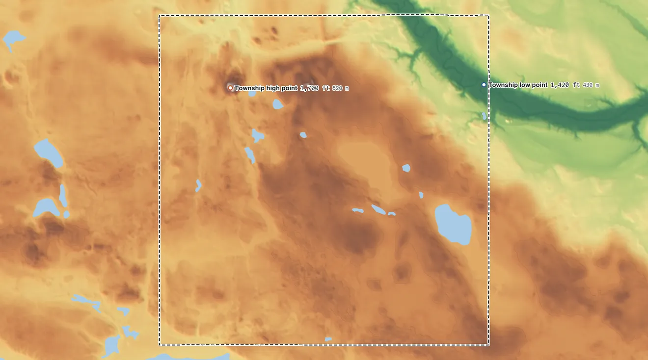 Topographic elevation map of Valhalla Township, North Dakota, shaded from 1,420 ft on the northeast side to 1,700 ft on Black Hammer Hill
