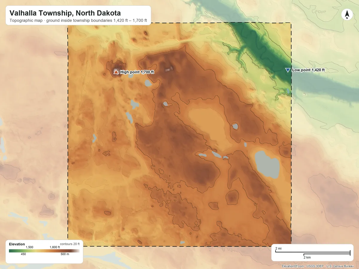 Topographic elevation map of Valhalla Township, North Dakota, shaded from 1,420 ft on the northeast side to 1,700 ft on Black Hammer Hill