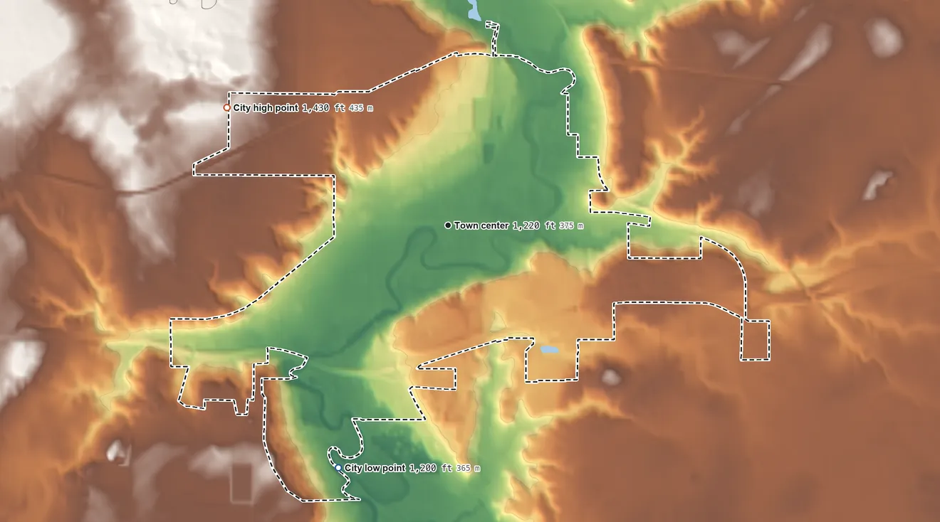 Topographic elevation map of Valley City, North Dakota, shaded from 1,200 ft on the southwest side to 1,430 ft on the northwest side