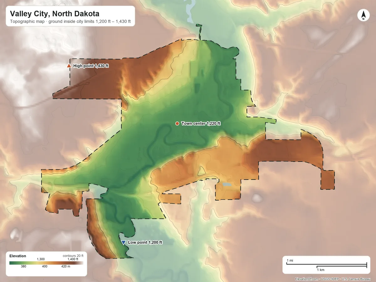 Topographic elevation map of Valley City, North Dakota, shaded from 1,200 ft on the southwest side to 1,430 ft on the northwest side