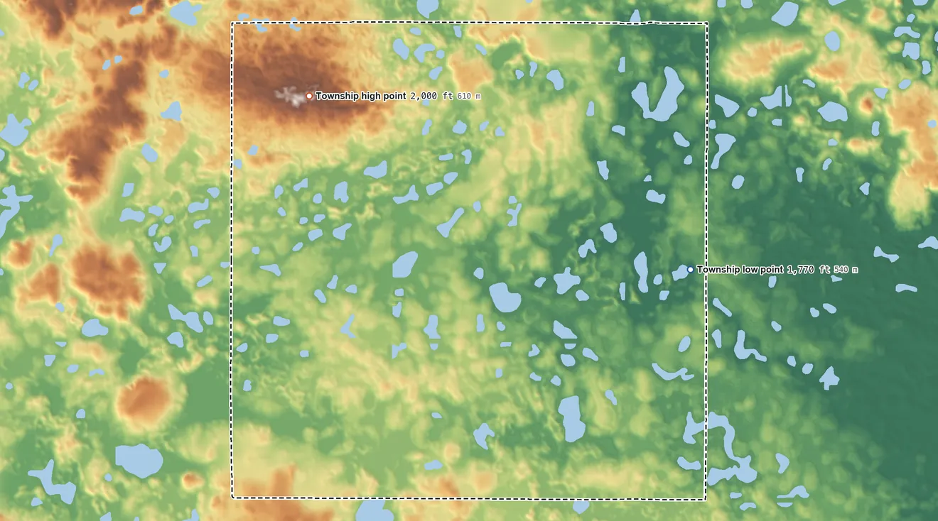 Topographic elevation map of Valley Spring Township, North Dakota, shaded from 1,770 ft on the east side to 2,000 ft on the northwest side
