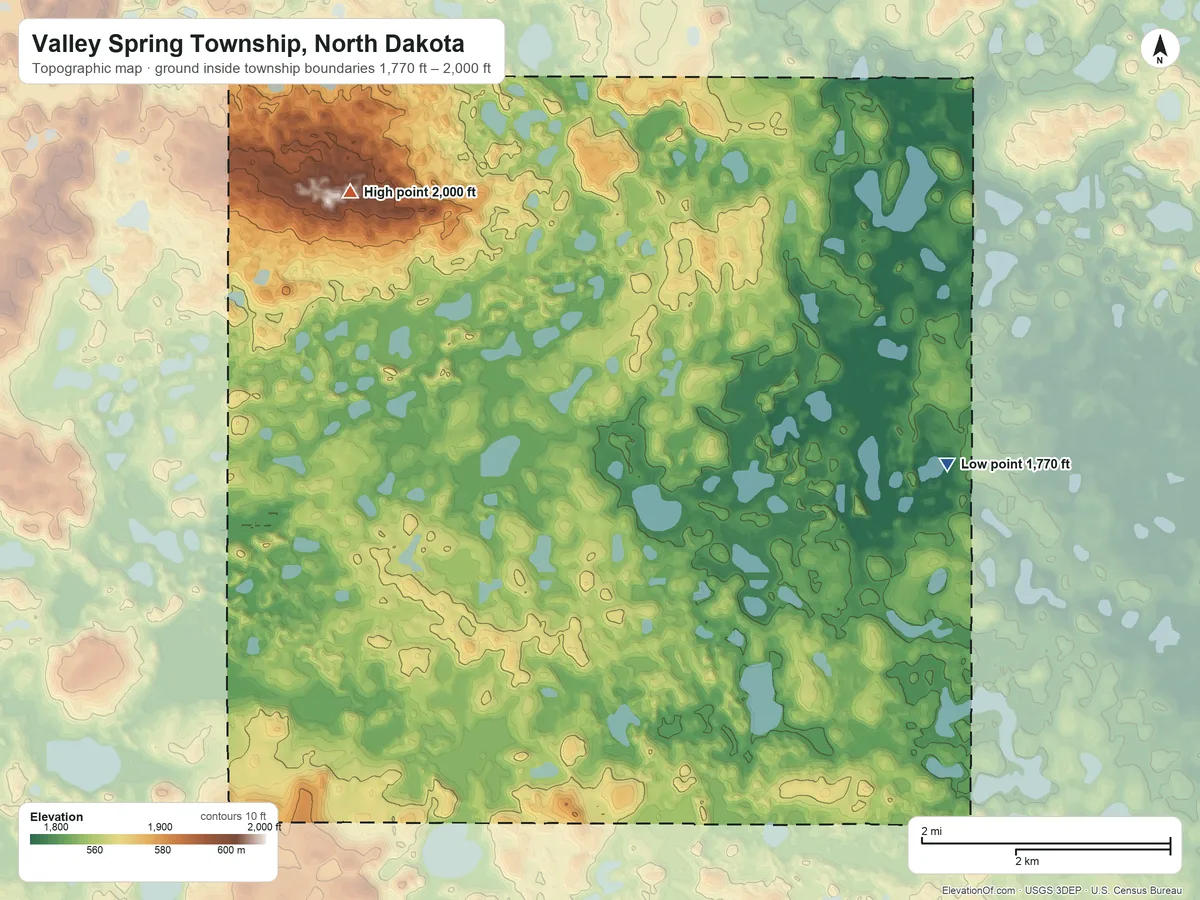 Topographic elevation map of Valley Spring Township, North Dakota, shaded from 1,770 ft on the east side to 2,000 ft on the northwest side