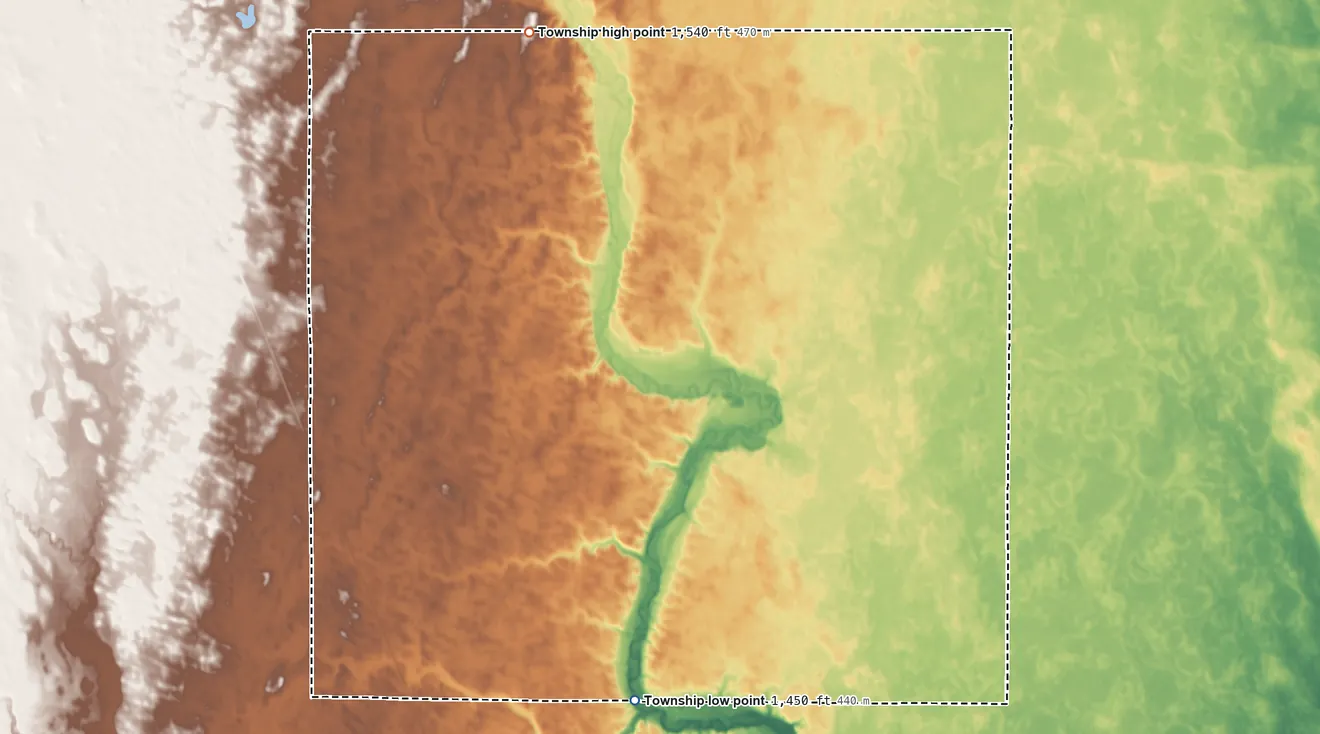 Topographic elevation map of Valley Township, Dickey County, North Dakota, shaded from 1,450 ft on the south side to 1,540 ft on the northwest side