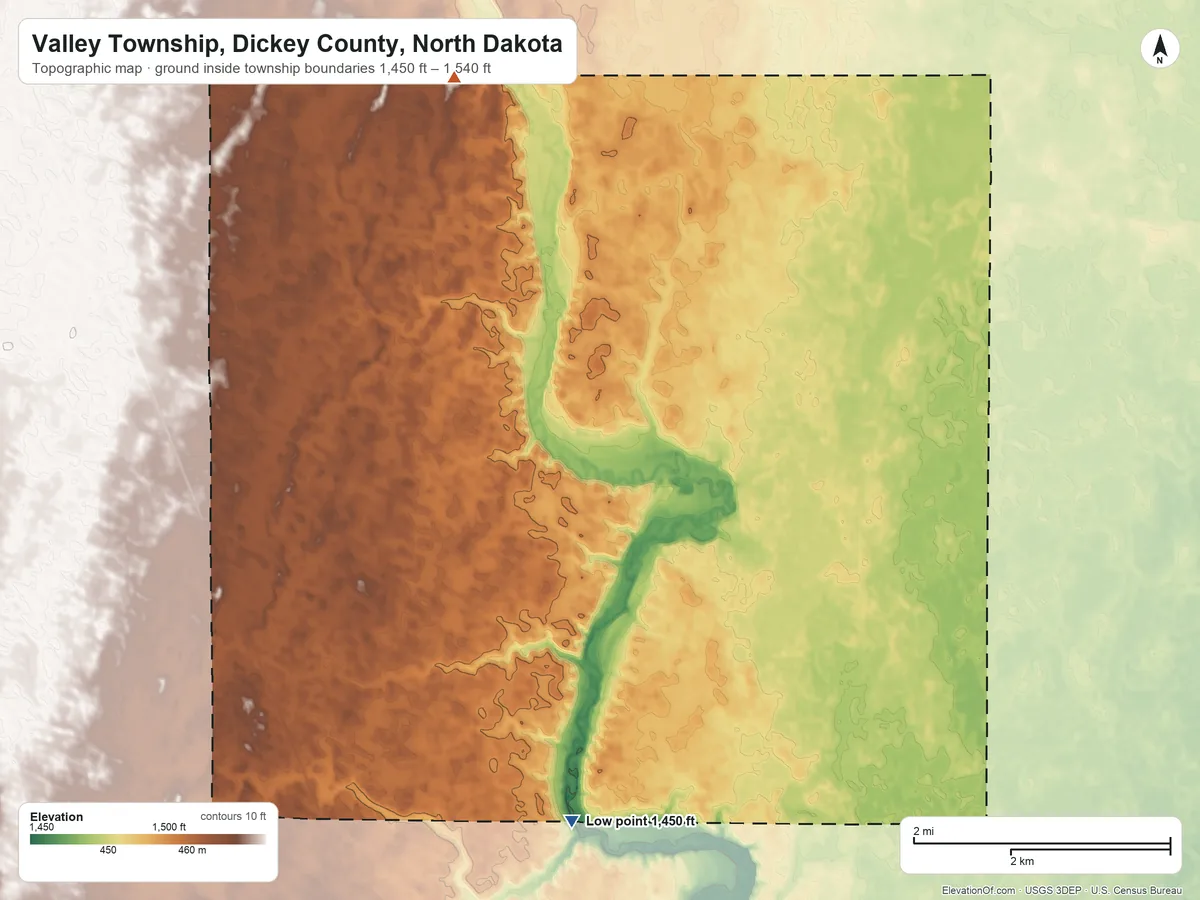 Topographic elevation map of Valley Township, Dickey County, North Dakota, shaded from 1,450 ft on the south side to 1,540 ft on the northwest side