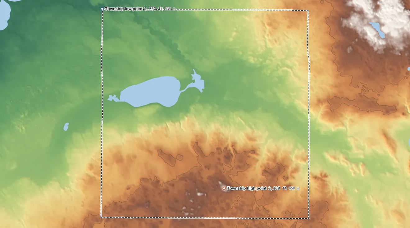 Topographic elevation map of Valley Township, Kidder County, North Dakota, shaded from 1,750 ft on the west side to 2,130 ft on the south side
