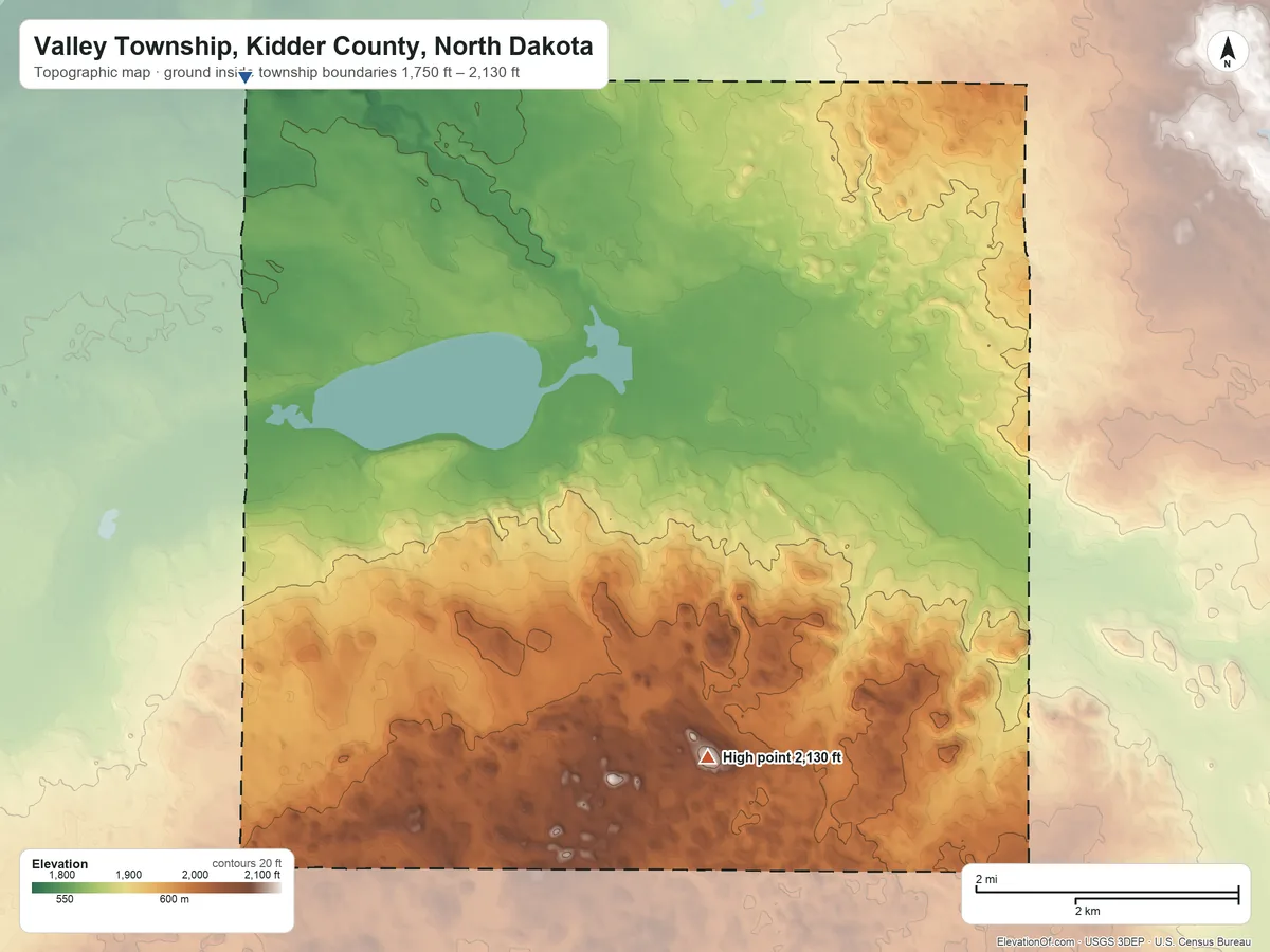 Topographic elevation map of Valley Township, Kidder County, North Dakota, shaded from 1,750 ft on the west side to 2,130 ft on the south side