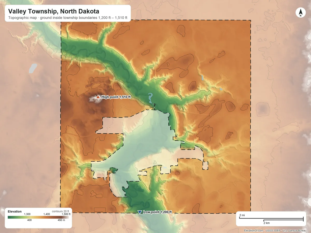 Topographic elevation map of Valley Township, North Dakota, shaded from 1,200 ft on the south side to 1,510 ft on the west side