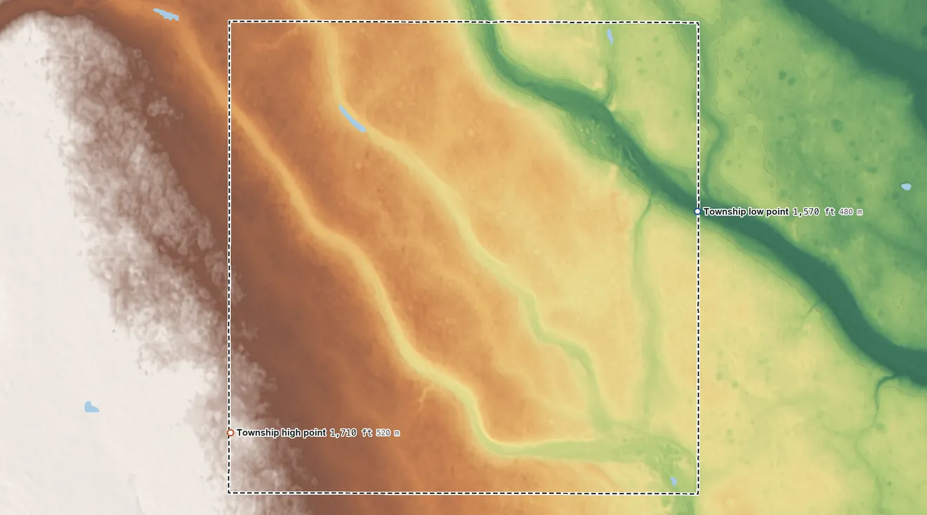 Topographic elevation map of Van Buren Township, North Dakota, shaded from 1,570 ft on the northeast side to 1,710 ft on the west side