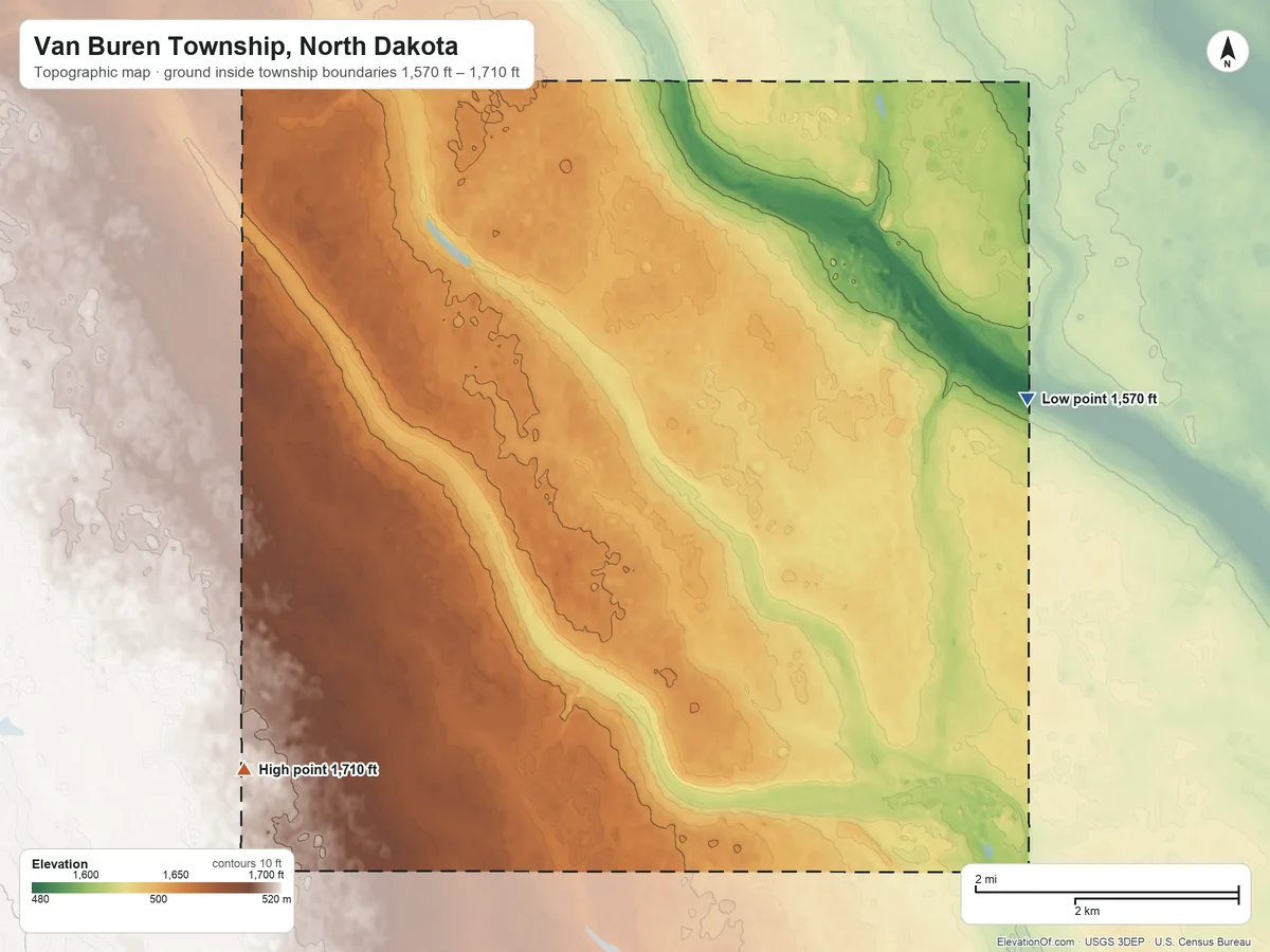 Topographic elevation map of Van Buren Township, North Dakota, shaded from 1,570 ft on the northeast side to 1,710 ft on the west side