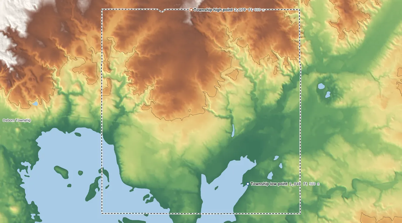 Topographic elevation map of Van Hook Township, North Dakota, shaded from 1,840 ft on the southeast side to 2,170 ft on the northeast side